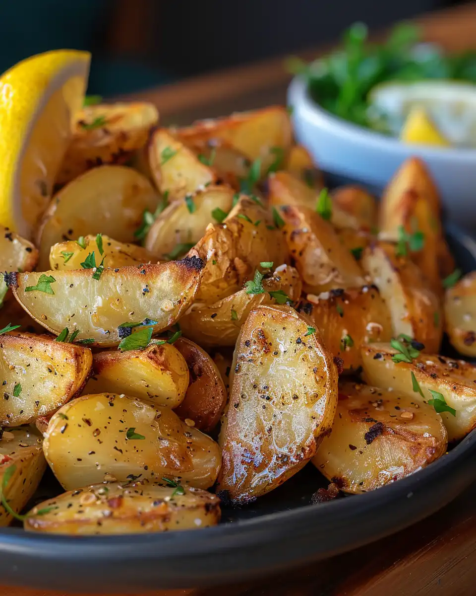 Perfectly roasted and crispy Greek lemon potatoes ready to serve