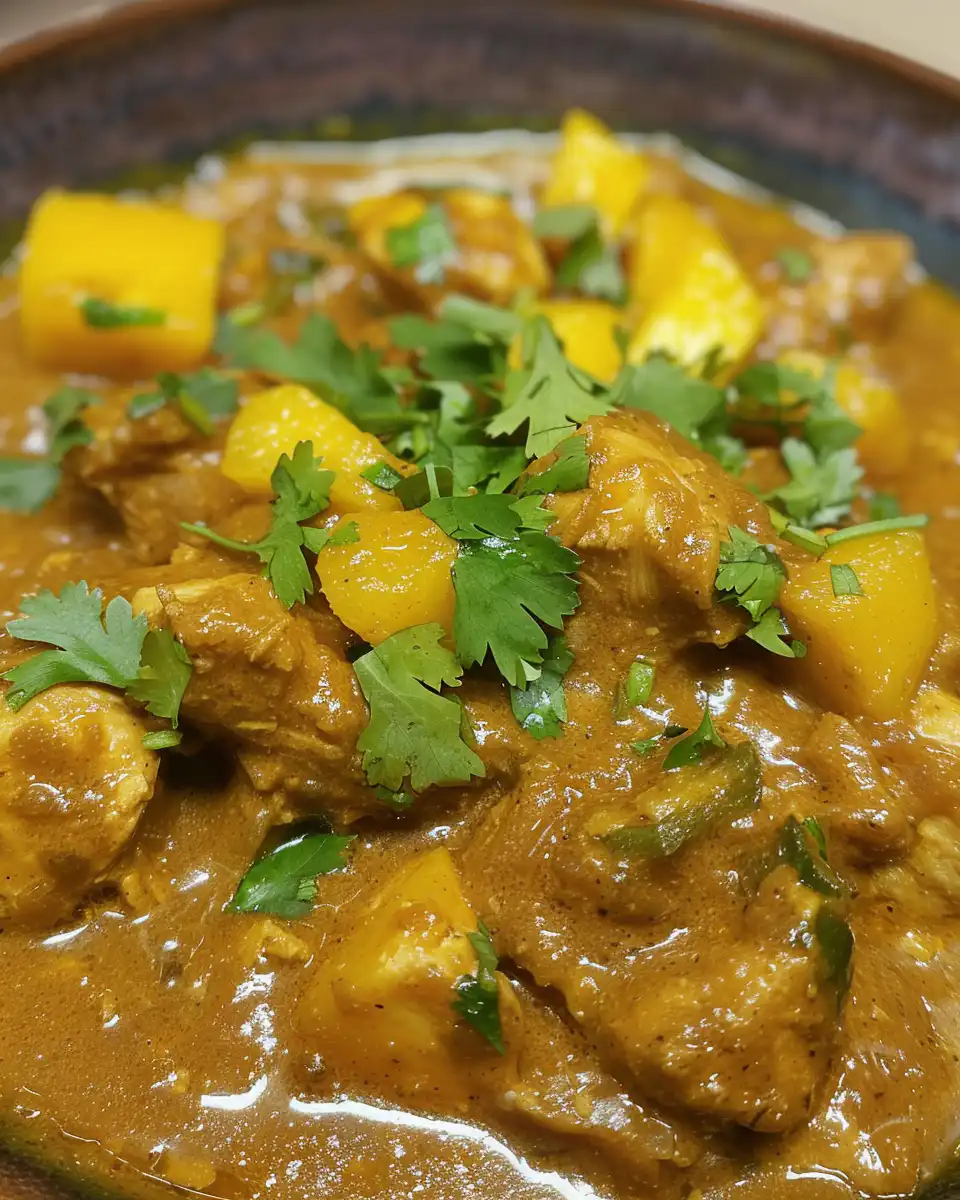 Served mango chicken curry plated with rice and lime garnish