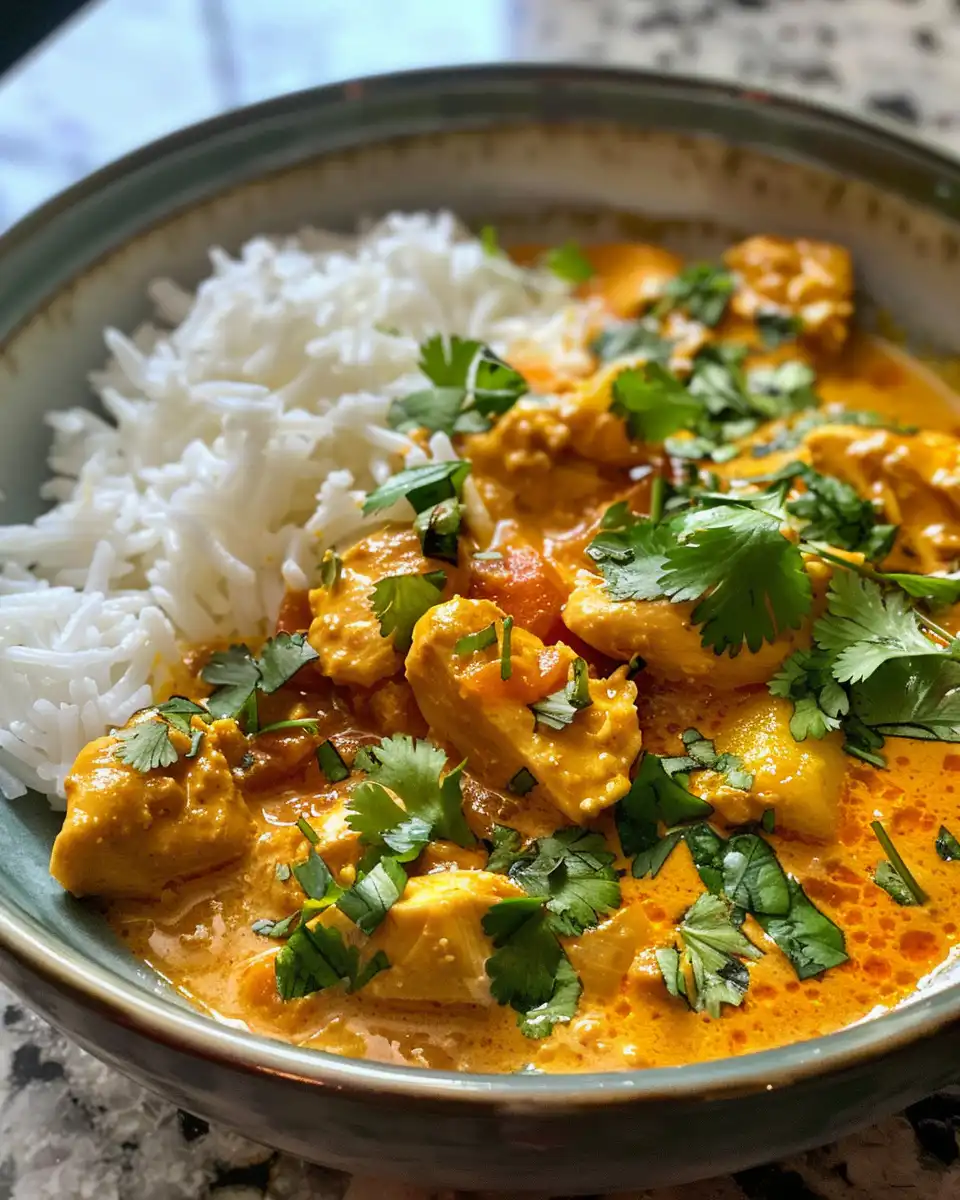 Served mango chicken curry garnished with lime and coriander