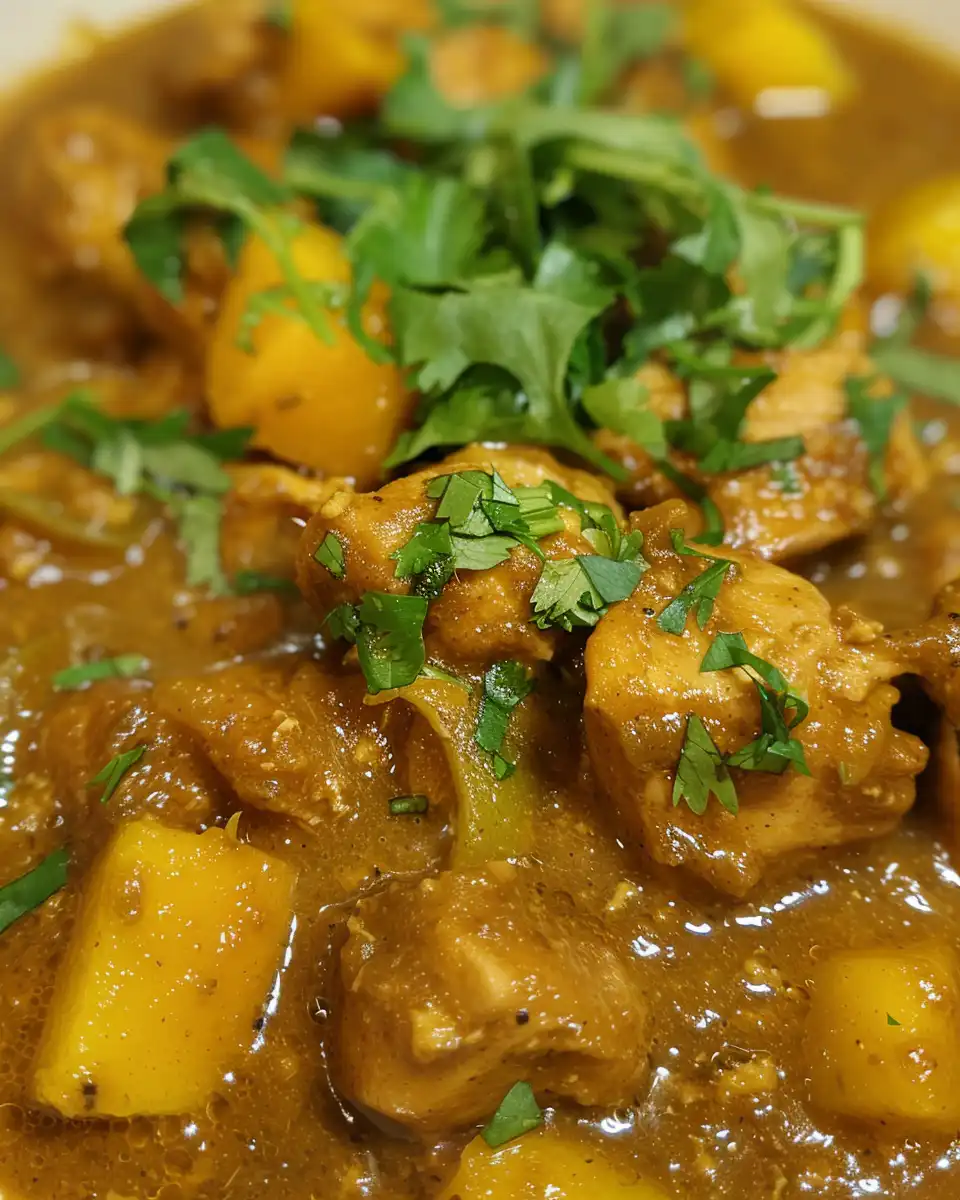 Juicy mango chicken curry in pressure cooker fresh after cooking