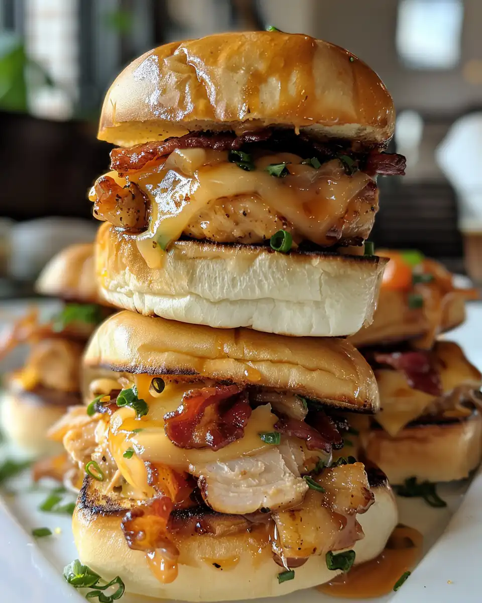 Finished pressure cooker turkey sliders with melted cheese and bacon
