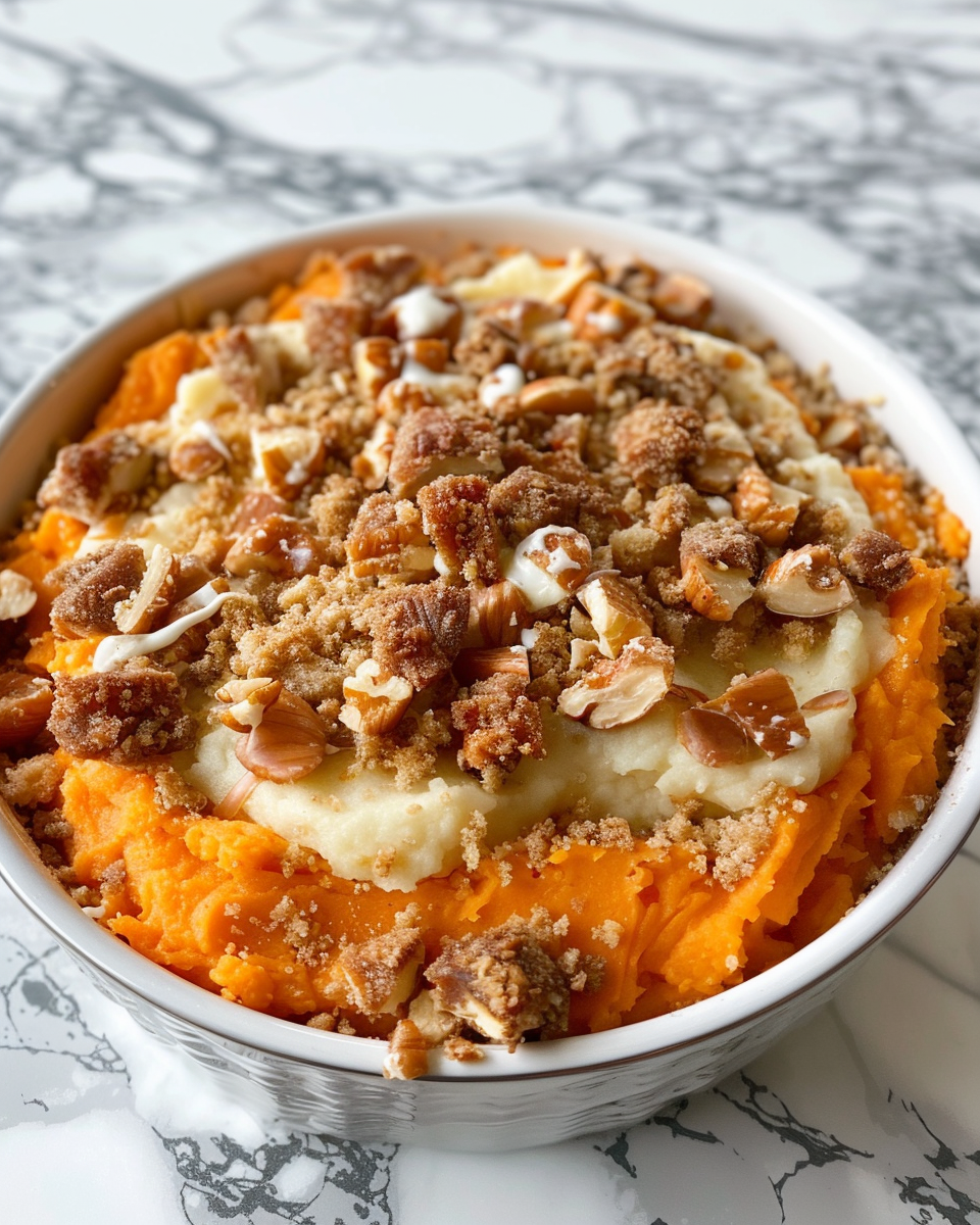 Ingredients for sweet potato casserole including pecans and marshmallows