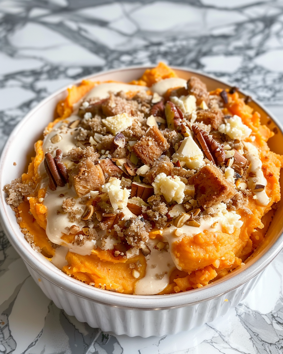 Finishing golden toasted marshmallow sweet potato casserole