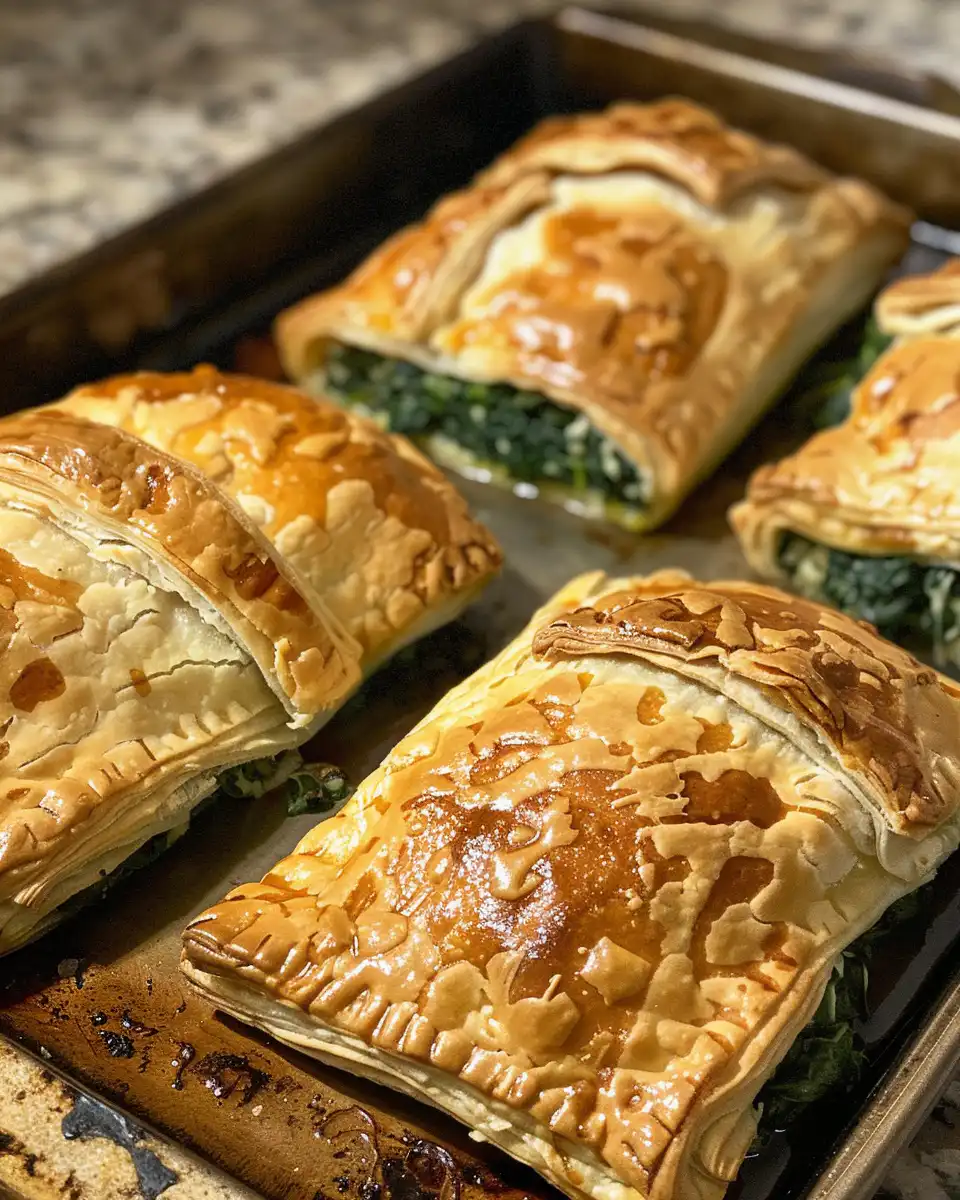 Golden baked spinach and cheese stuffed phyllo triangles served warm
