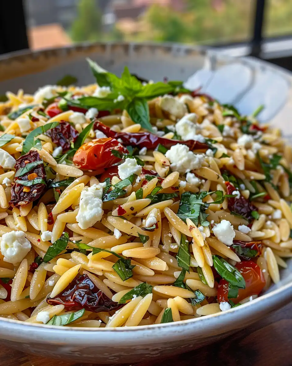 Ingredients for Mediterranean orzo salad with fresh herbs and feta cheese