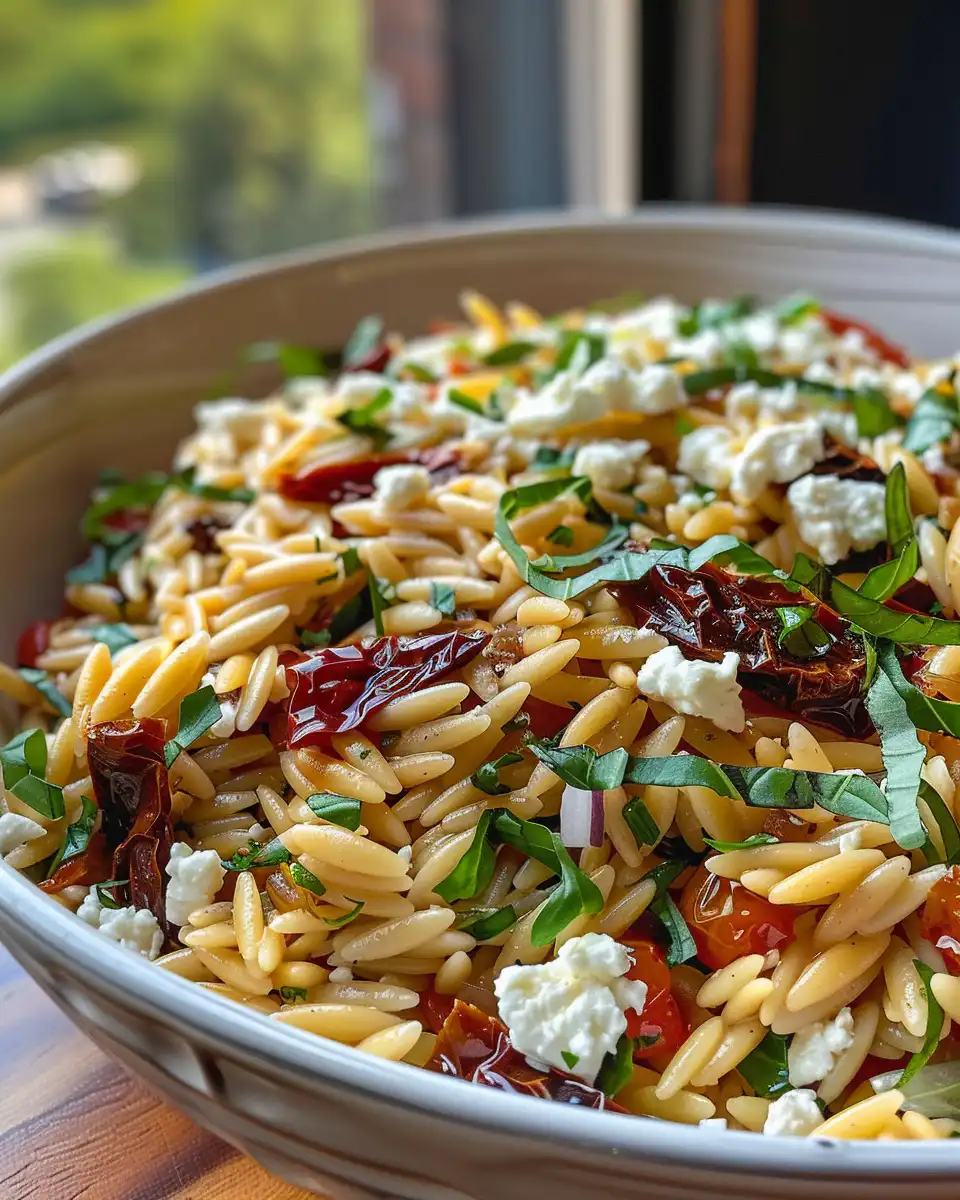 Prepared Mediterranean orzo salad with feta and herbs served in bowl