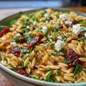 Mediterranean Orzo Salad with Feta & Sun-Dried Tomatoes taken with iphone 15 pro max --iw 2 --ar 4:5 --v 6.0 --raw