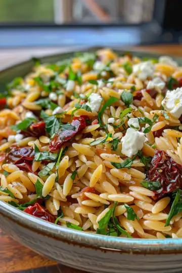 Mediterranean Orzo Salad with Feta & Sun-Dried Tomatoes taken with iphone 15 pro max --iw 2 --ar 4:5 --v 6.0 --raw