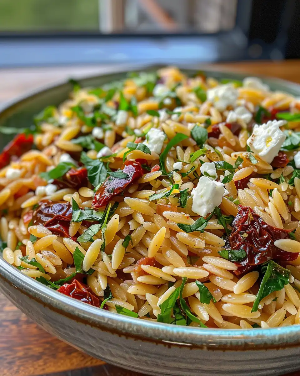 Mediterranean orzo salad with feta and sun dried tomatoes in a bowl