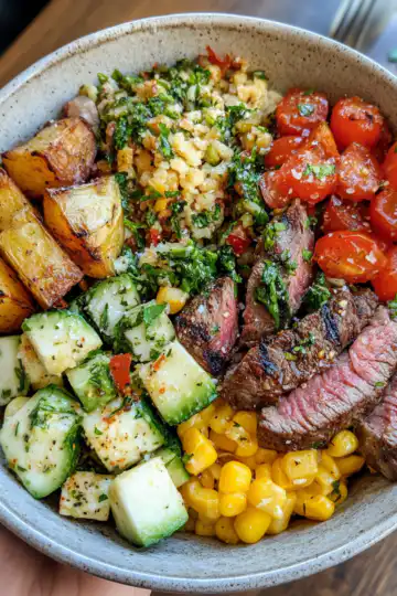 Mediterranean Steak Bowls taken with iphone 15 pro max --ar 4:5 --v 6.1 --raw