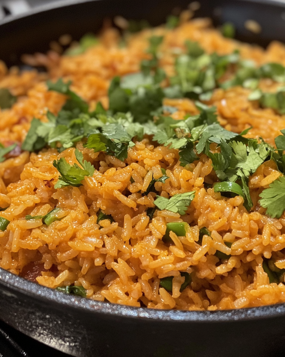 Close-up of the steaming Mexican rice casserole