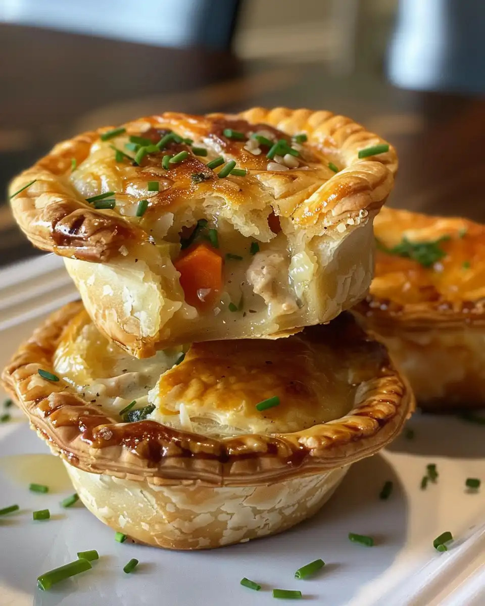 Served mini chicken pot pies with golden crust and filling inside