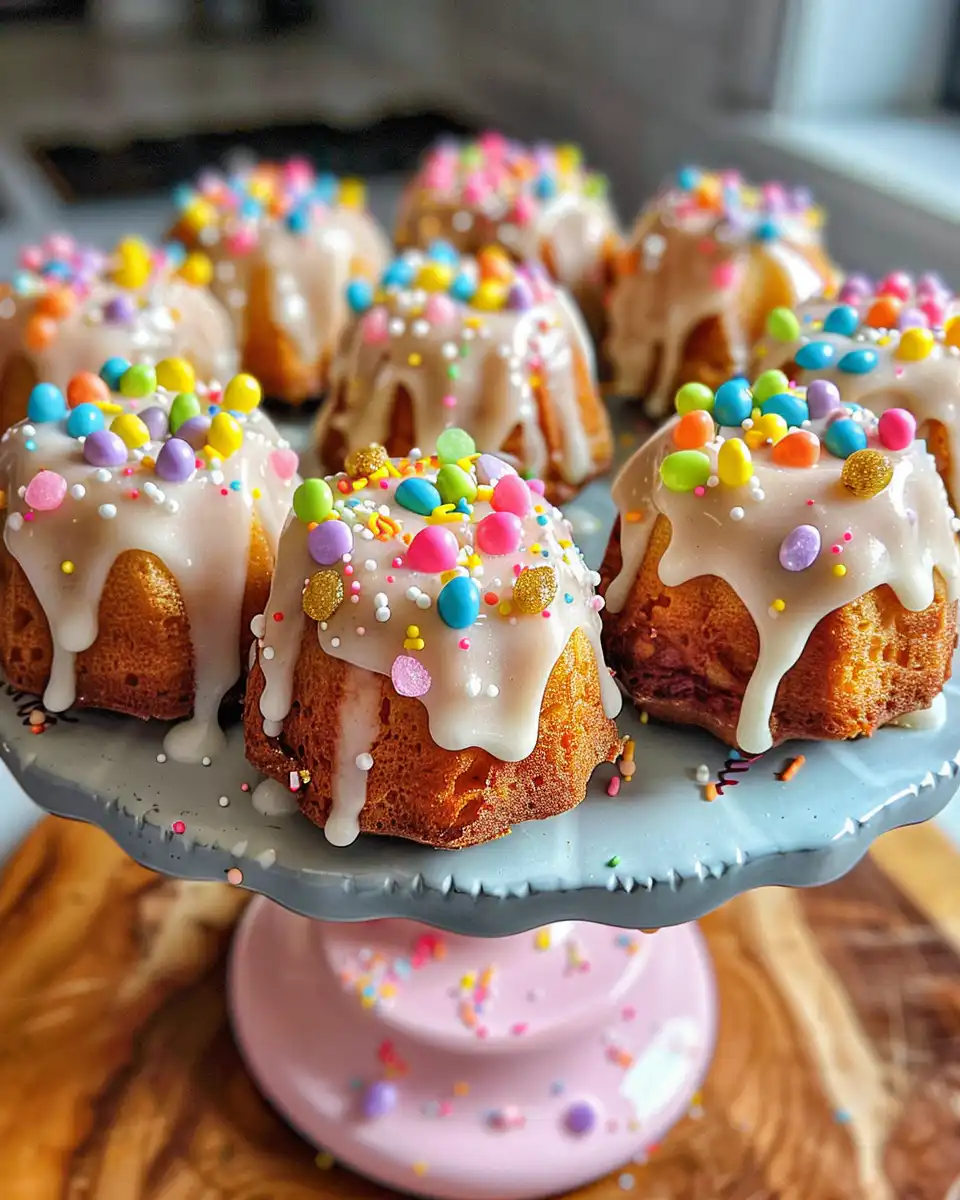 Finished Bunny Bundt Cakes drizzled with chocolate glaze and decorated