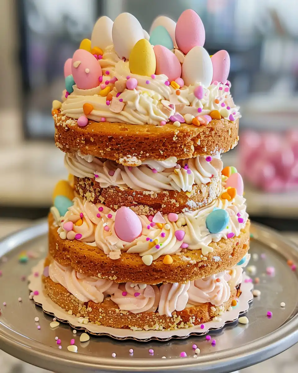 Layers of mini Easter Bunny cakes being assembled and frosted