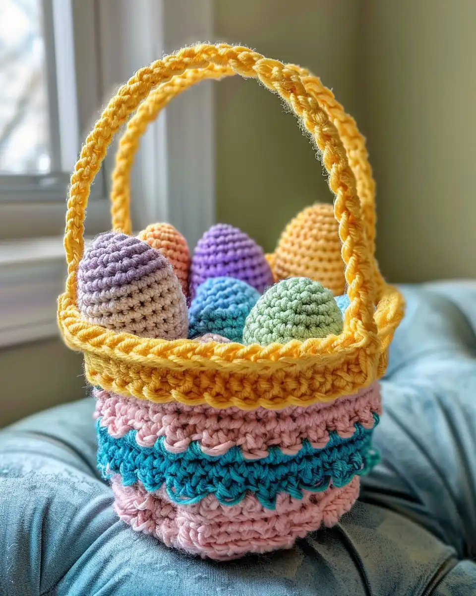 Ingredients and tools laid out for crocheting mini Easter basket