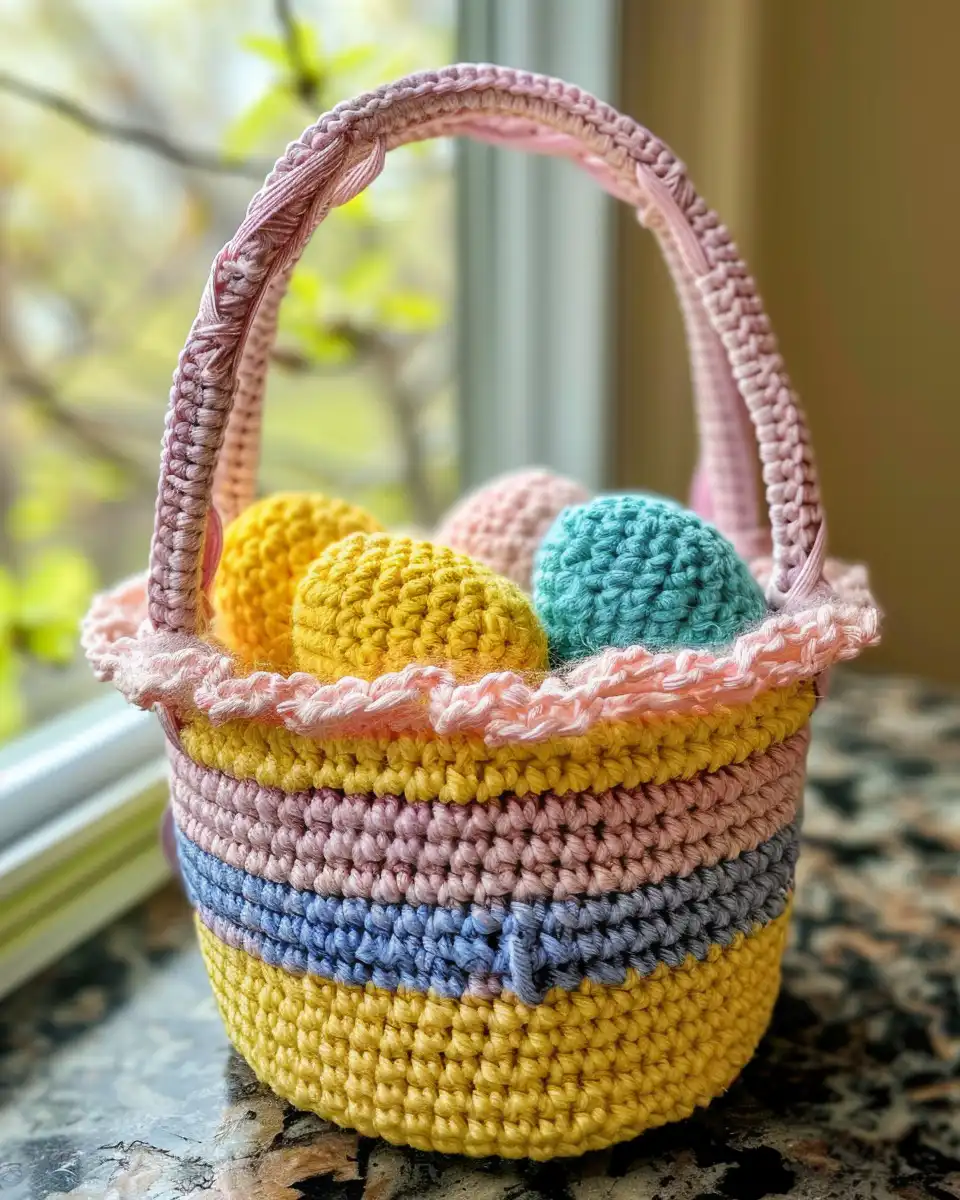 Finished mini Easter crochet basket displayed beautifully