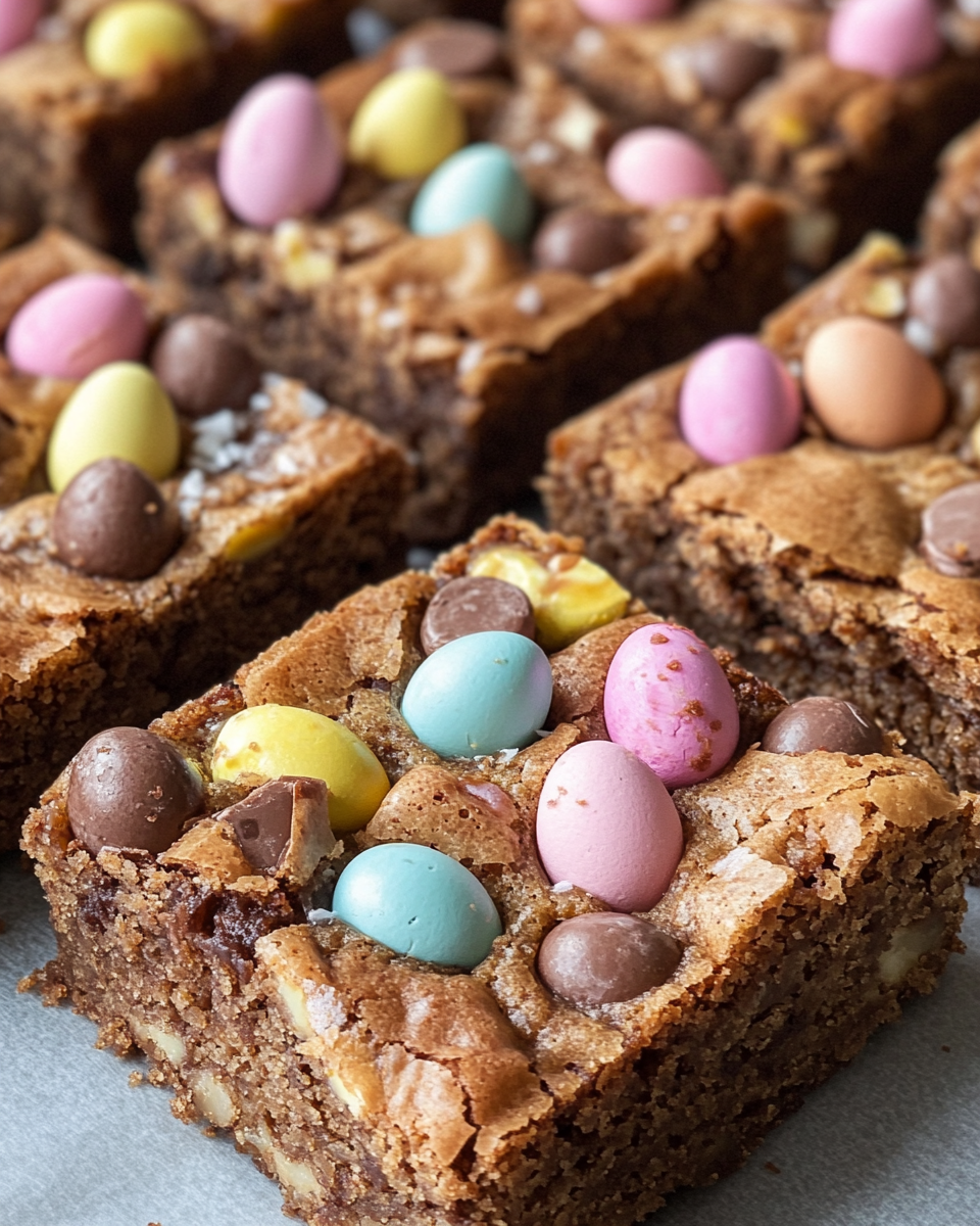 Tray of freshly baked blondies with colorful M&M's