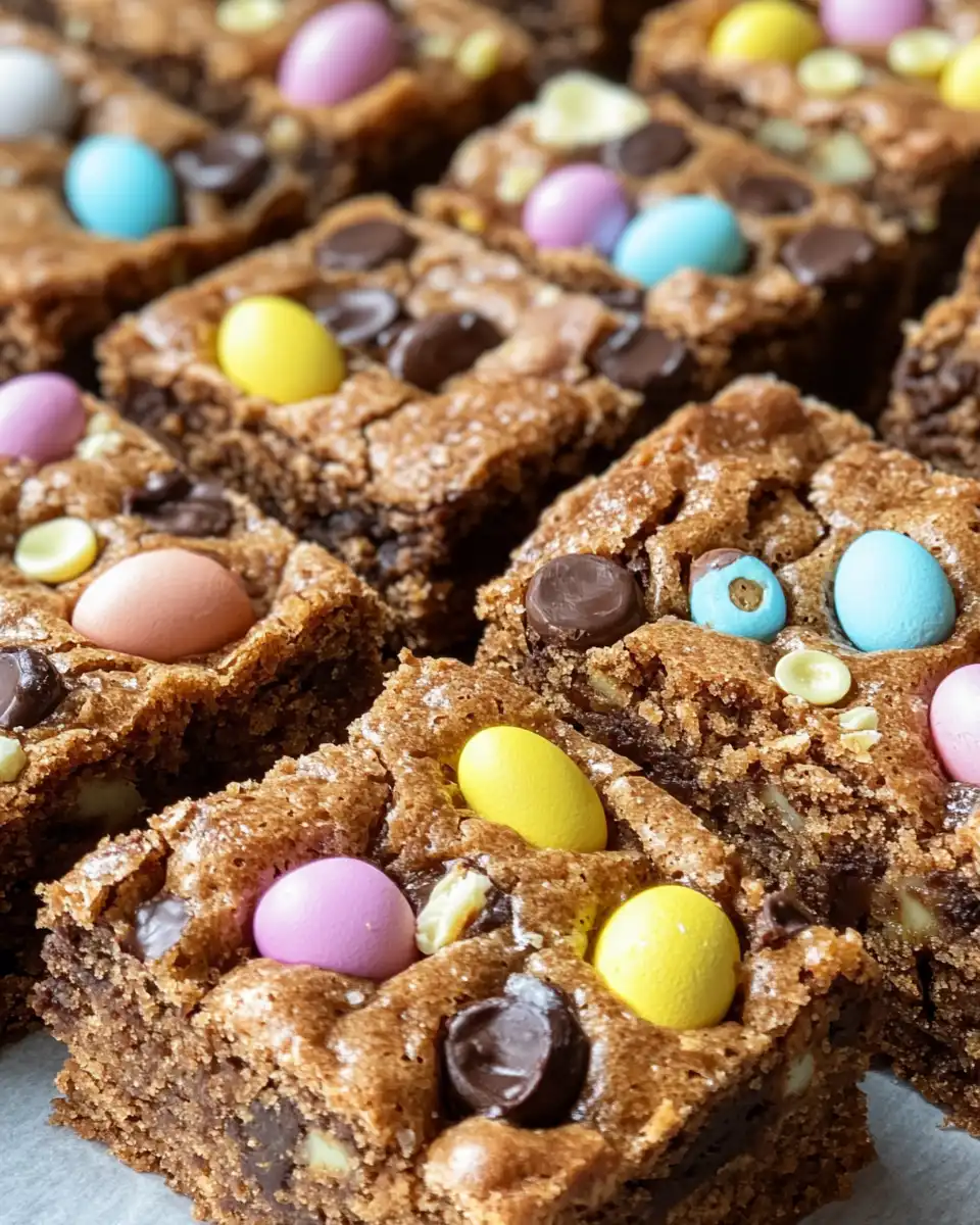Close-up of freshly baked blondies with melting M&M's