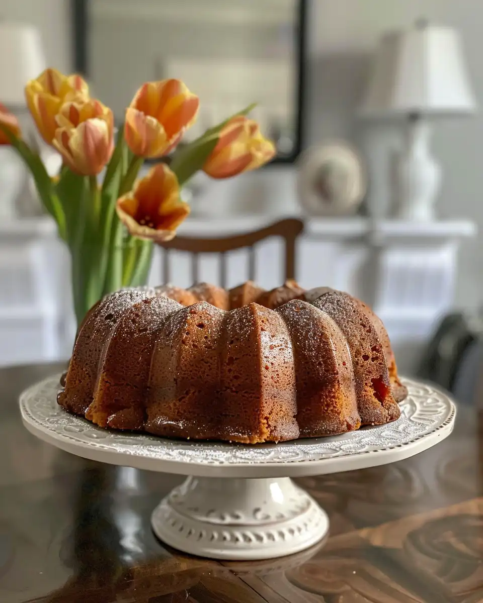 Finished carrot bundt cake with cream cheese swirl, sliced and ready to serve