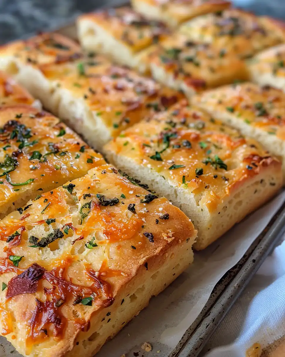 Close-up of sliced Italian herb and cheese bread ready to serve