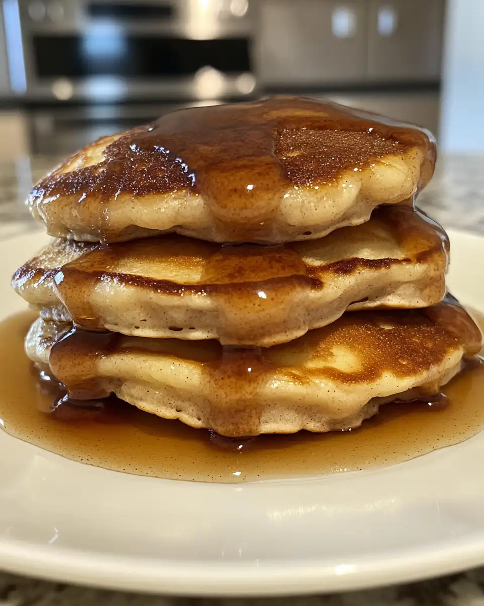 Stack of cinnamon roll pancakes served warm with butter melting on top