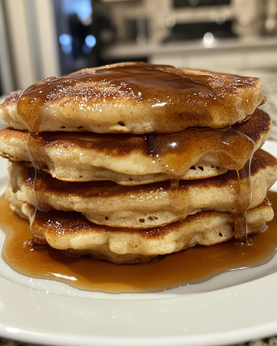 Close up of cinnamon roll pancakes fresh from pressure cooker, golden and swirled