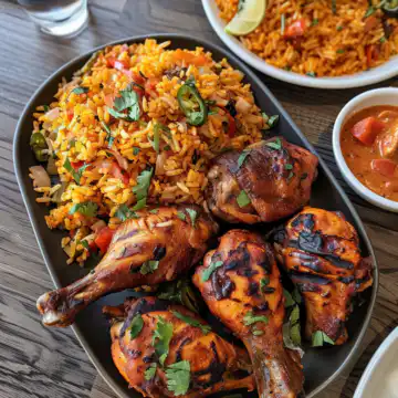 Nando’s Portuguese chicken and Spicy rice taken with iphone 15 pro max --iw 2 --ar 4:5 --v 6.0 --raw