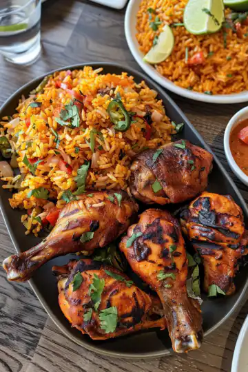 Nando’s Portuguese chicken and Spicy rice taken with iphone 15 pro max --iw 2 --ar 4:5 --v 6.0 --raw