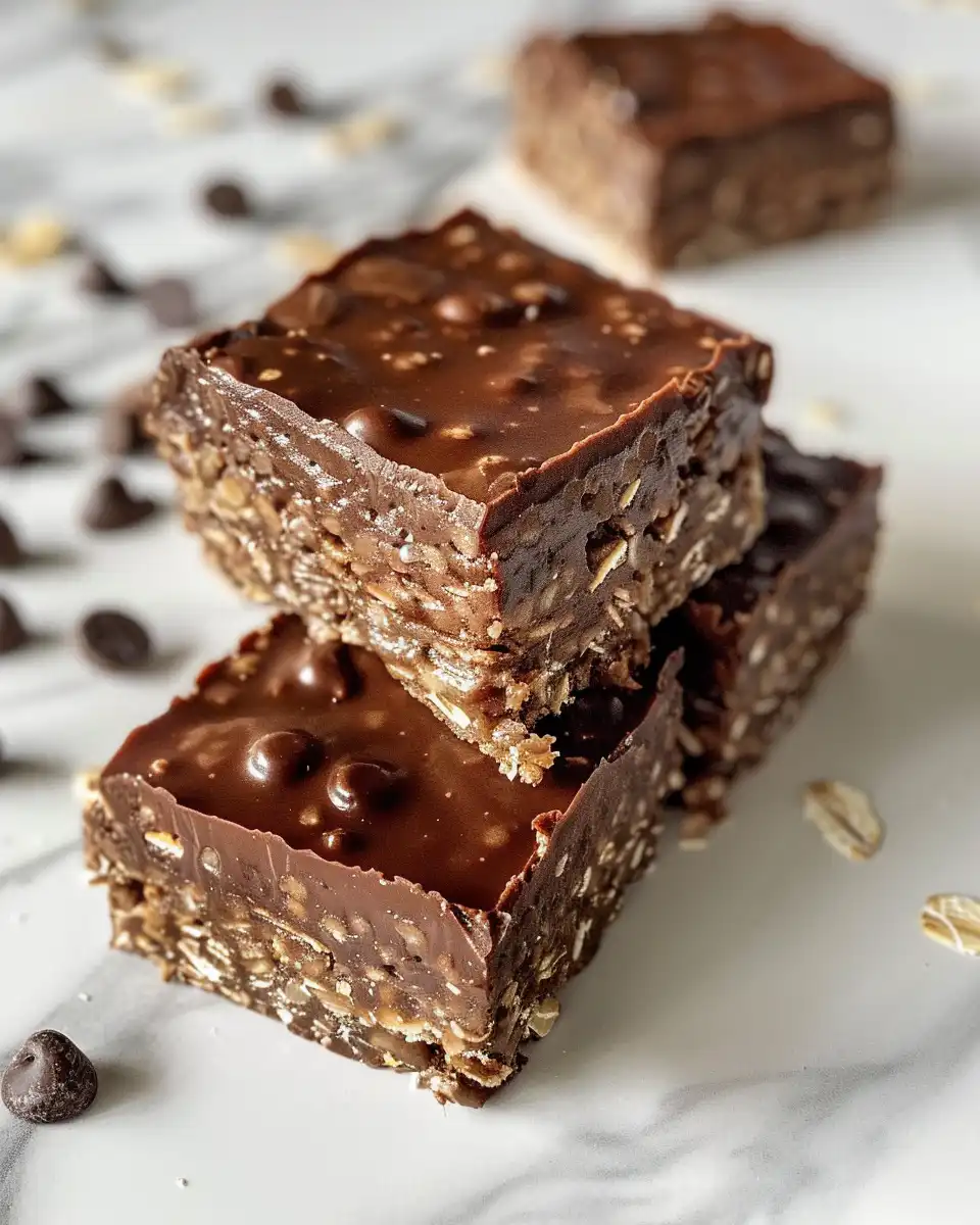 Ingredients for no bake chocolate oatmeal bars in bowl including oats, peanut butter, and chocolate chips