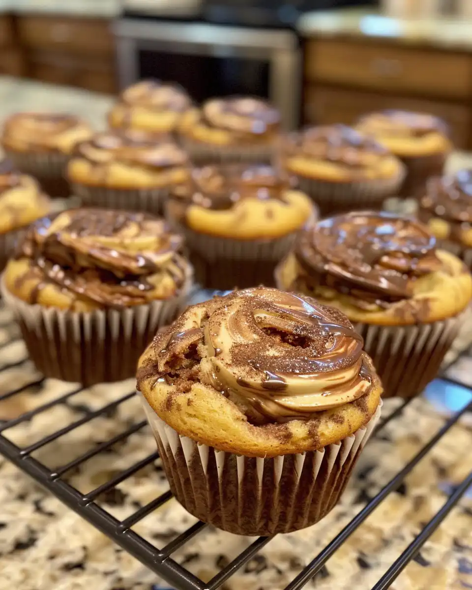 Freshly baked nutella banana swirl muffins with a golden domed top