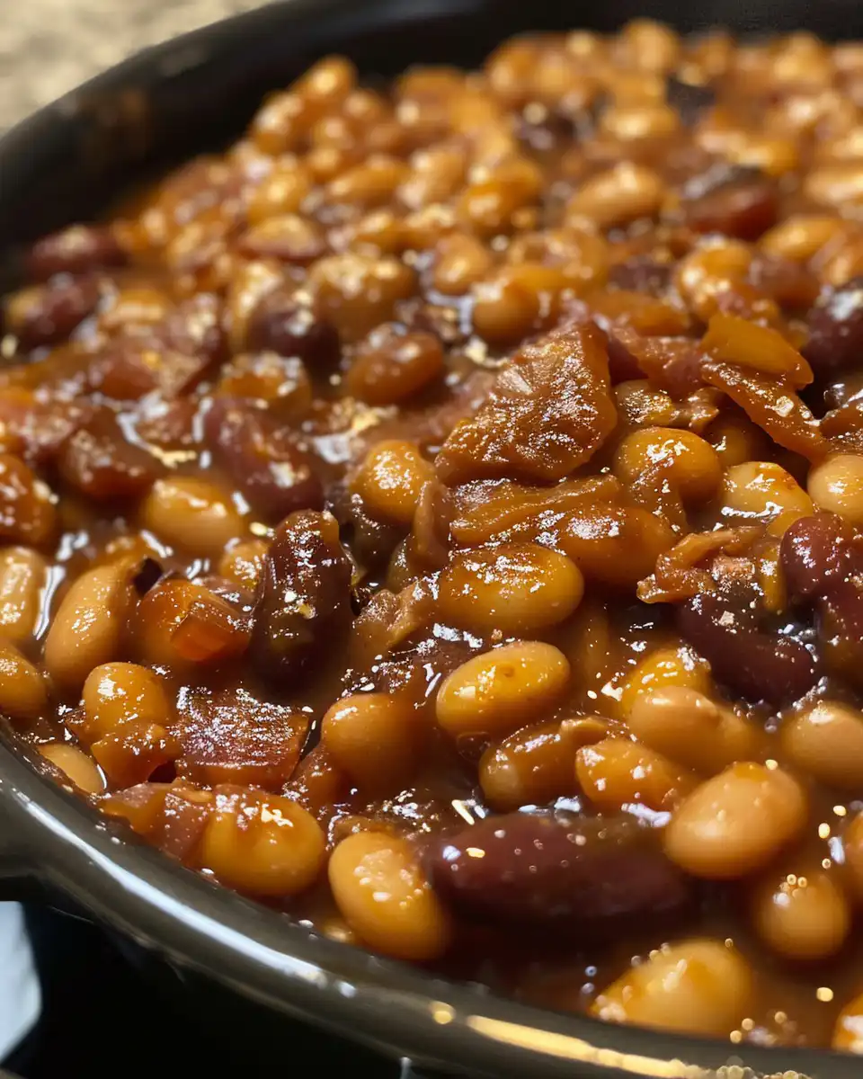 Hearty finished old-fashioned baked beans served in bowl with rich broth