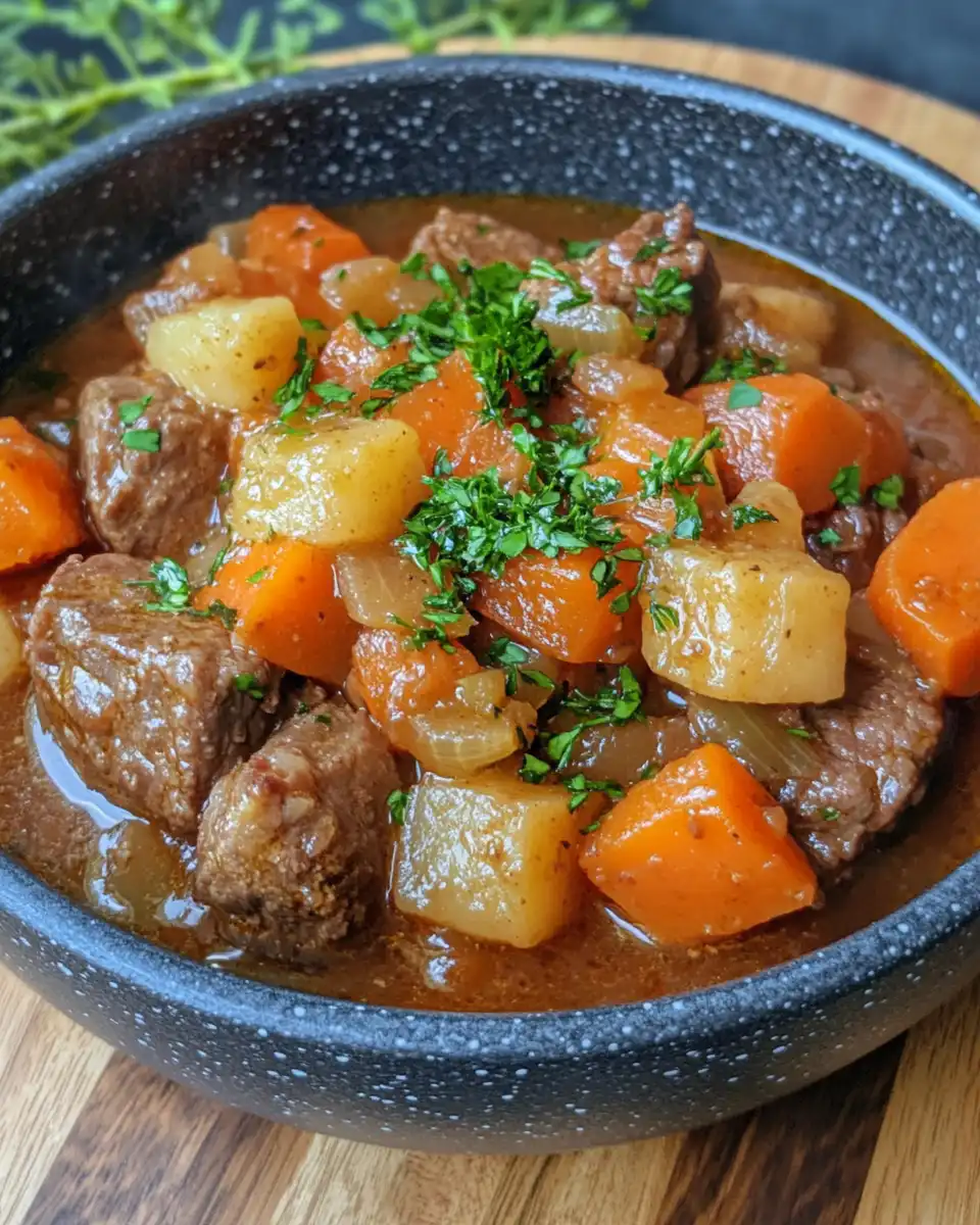 Finished hearty beef stew served in a bowl