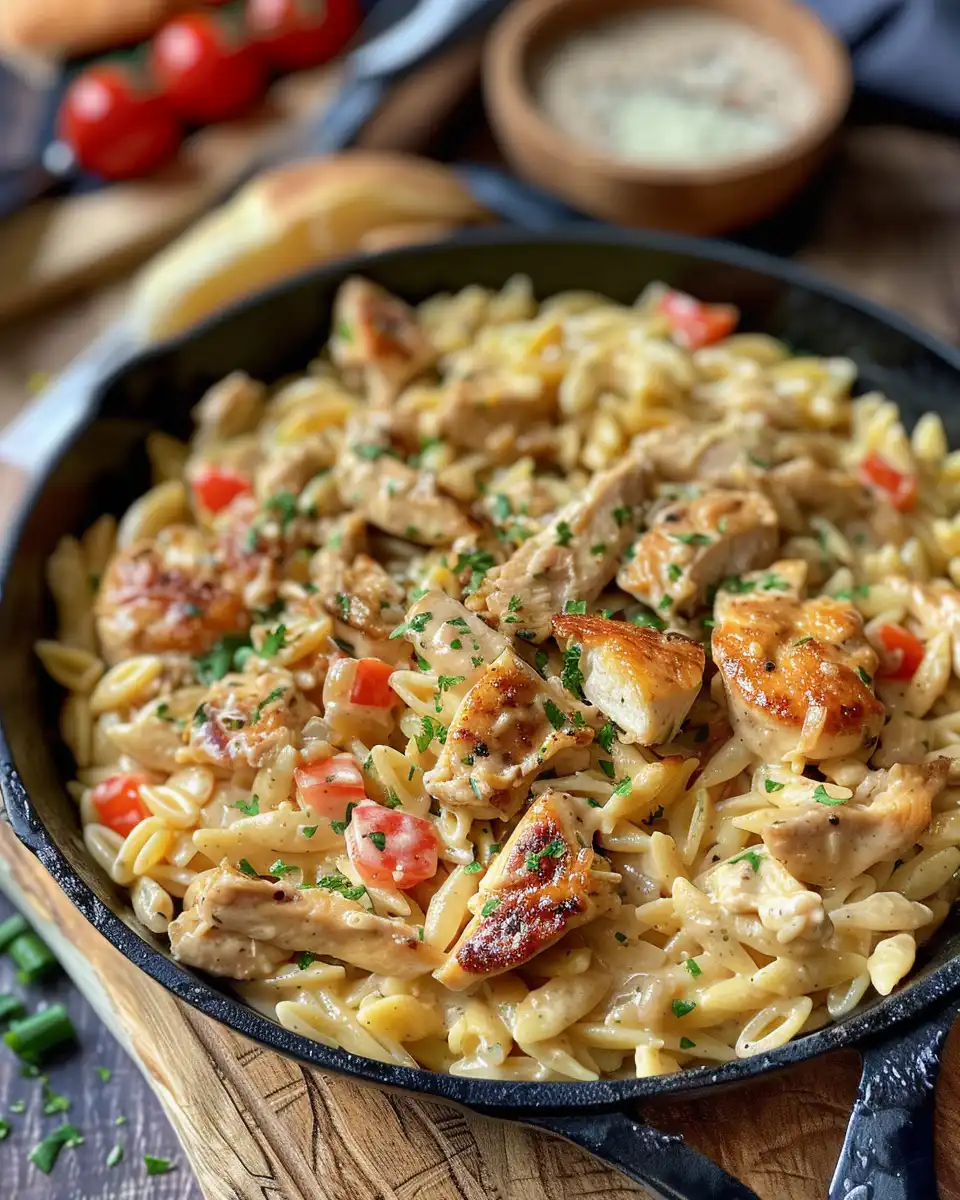 Fresh ingredients for Cajun chicken Alfredo orzo including chicken, onions, bell pepper, and garlic