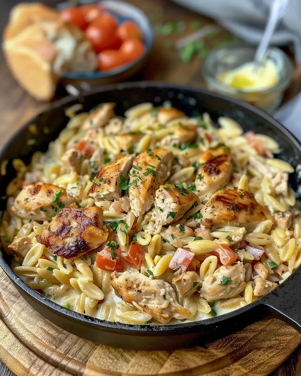 Plated creamy Cajun chicken alfredo orzo ready to serve