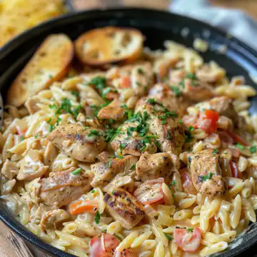 One Pot Cajun Chicken Alfredo Orzo taken with iphone 15 pro max --iw 2 --ar 4:5 --v 6.0 --raw
