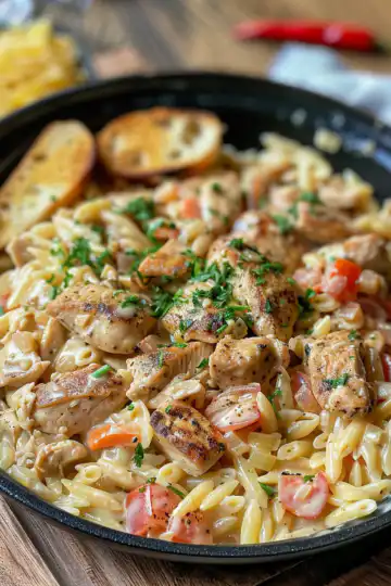 One Pot Cajun Chicken Alfredo Orzo taken with iphone 15 pro max --iw 2 --ar 4:5 --v 6.0 --raw
