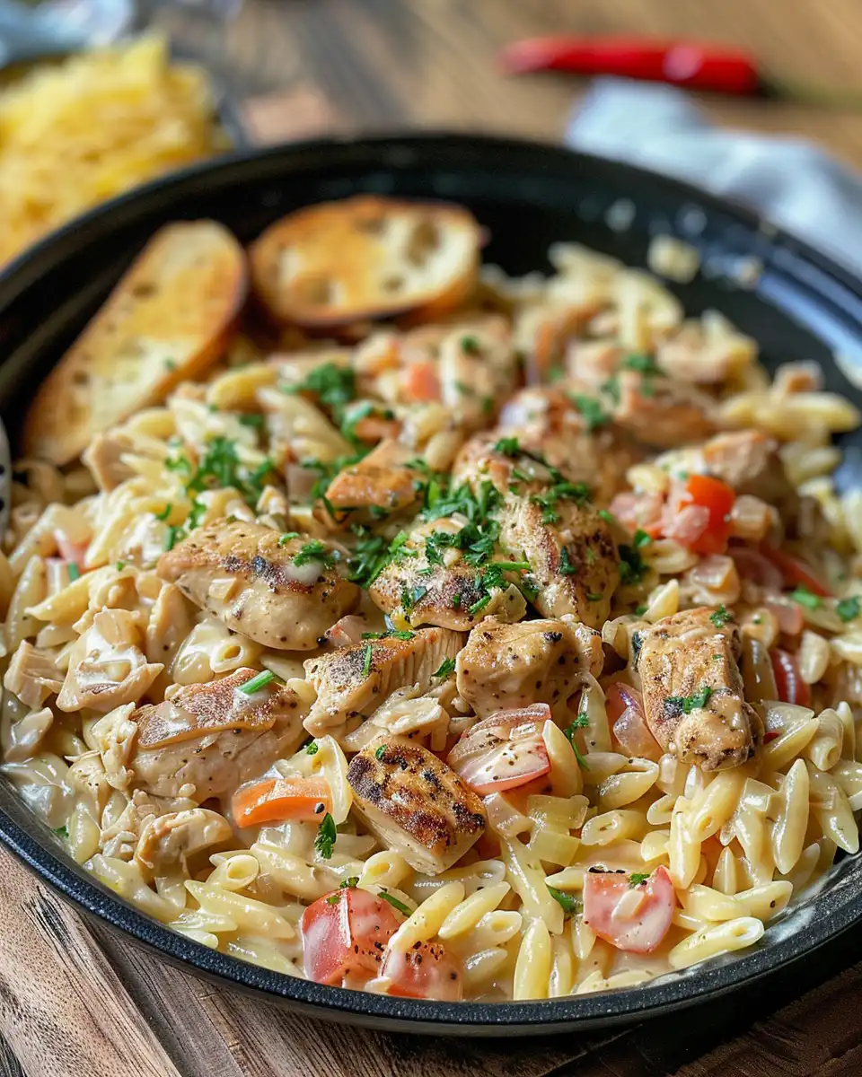 One pot Cajun chicken alfredo orzo simmering in pressure cooker