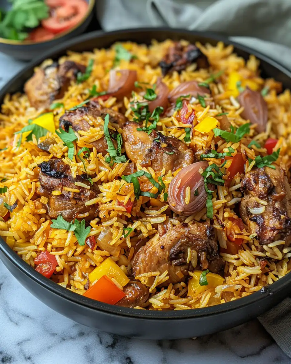 Finished baked one pot chicken shawarma rice served on a plate