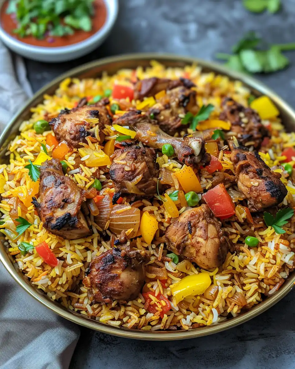 One pot chicken shawarma rice in a warm kitchen setting with steam