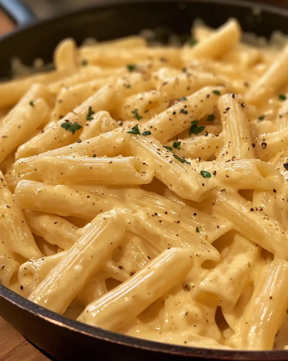 Cream cheese melting into one pot pasta for creamy sauce