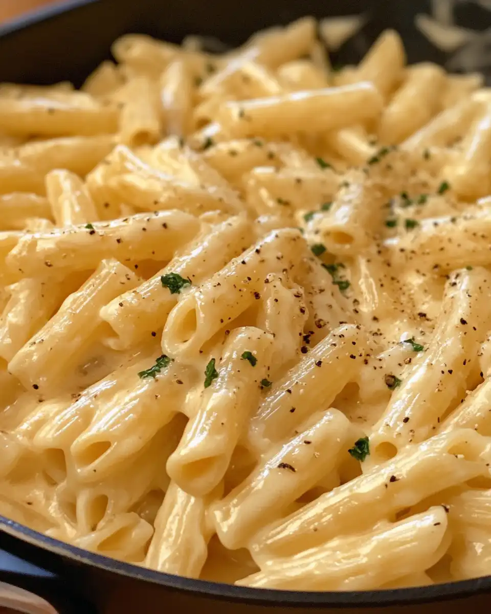 One pot pasta cooking with sausage and bell peppers in creamy sauce