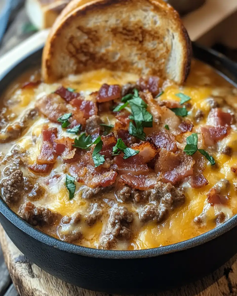 Final serving of One Pot Philly Cheesesteak Soup with Bacon and Cheesy Toast ready to eat