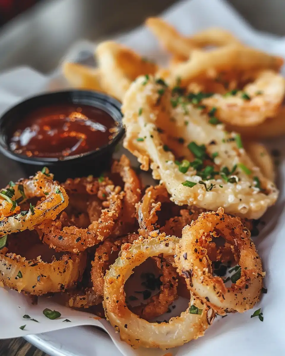 Close-up of crispy parmesan coated onion ring chips fresh out of oven