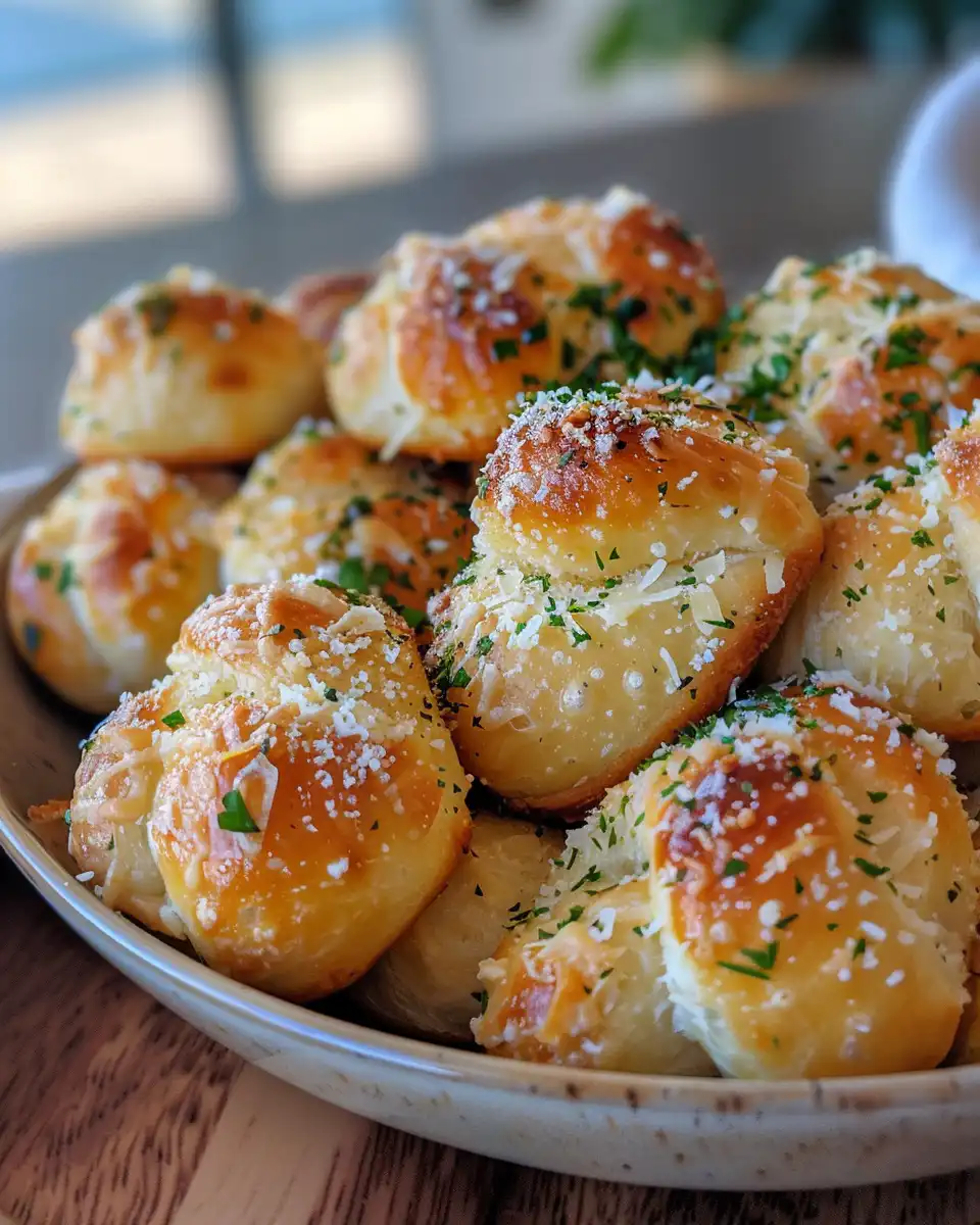 Close-up of golden baked Garlic Parmesan Knot with melted garlic butter and Parmesan