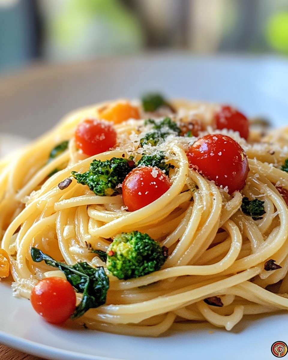 Served pasta primavera on a plate garnished with basil