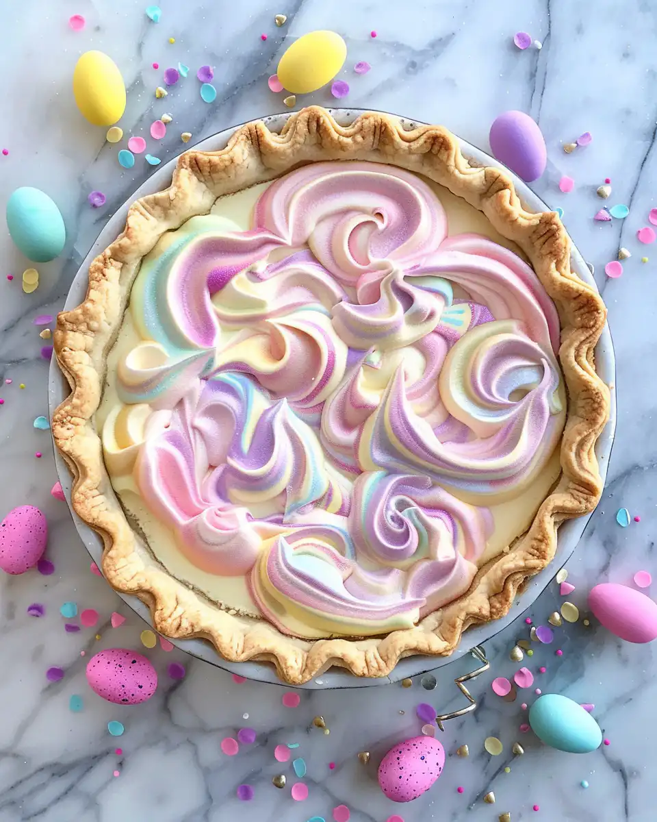 Serving slice of pastel Easter swirl cheesecake pie with sprinkles