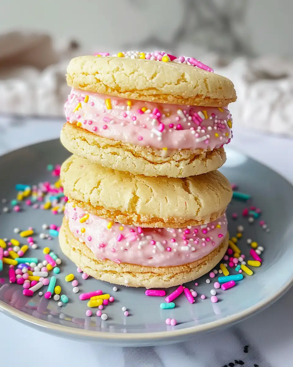 Close-up of pastel sugar cookie sandwich showing soft edges and creamy filling