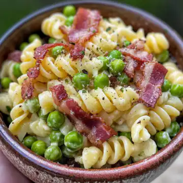 Pea and Bacon Pasta Salad taken with iphone 15 pro max --iw 2 --ar 4:5 --v 6.1 --raw