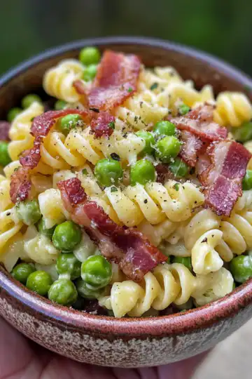 Pea and Bacon Pasta Salad taken with iphone 15 pro max --iw 2 --ar 4:5 --v 6.1 --raw