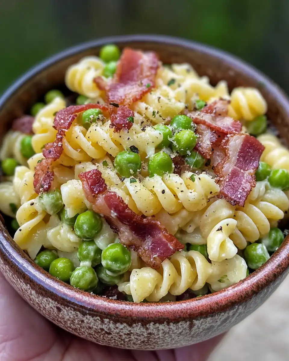 Freshly cooked pasta salad with bacon and peas